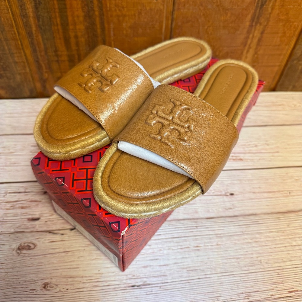 Tory Burch Everly Leather Espadrille Slide - Caramel